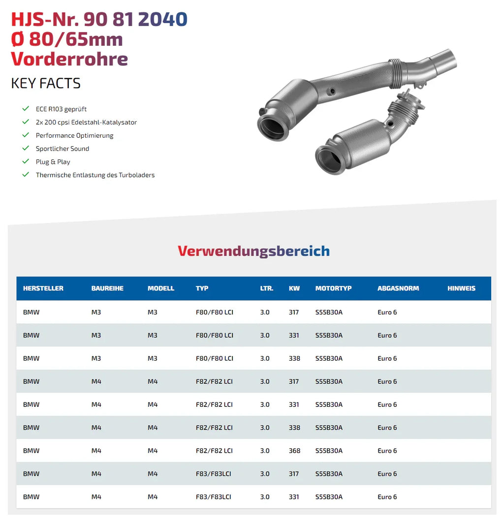 HJS ECE Downpipes mit 200 Zellen Kats für BMW M3 Competition F80 / BMW M4 Competition F82 / F83 S55 - mit Zulassung - 90812040 - Akrapovic Auspuffanlage