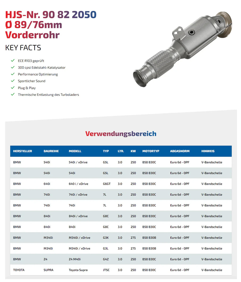 HJS ECE Downpipes mit 300 Zellen Kats für BMW B58 OPF für BMW Z4 M40i G29 / Toyota Supra MK5 A90 - mit Zulassung - 90822050 - Akrapovic Auspuffanlage